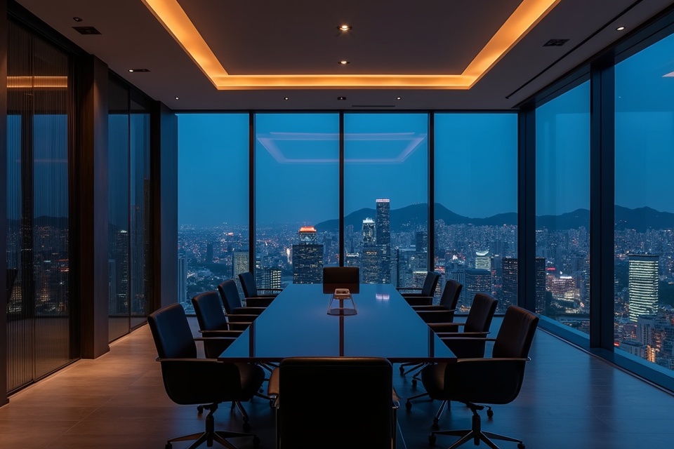 Modern boardroom overlooking Asian city skyline
